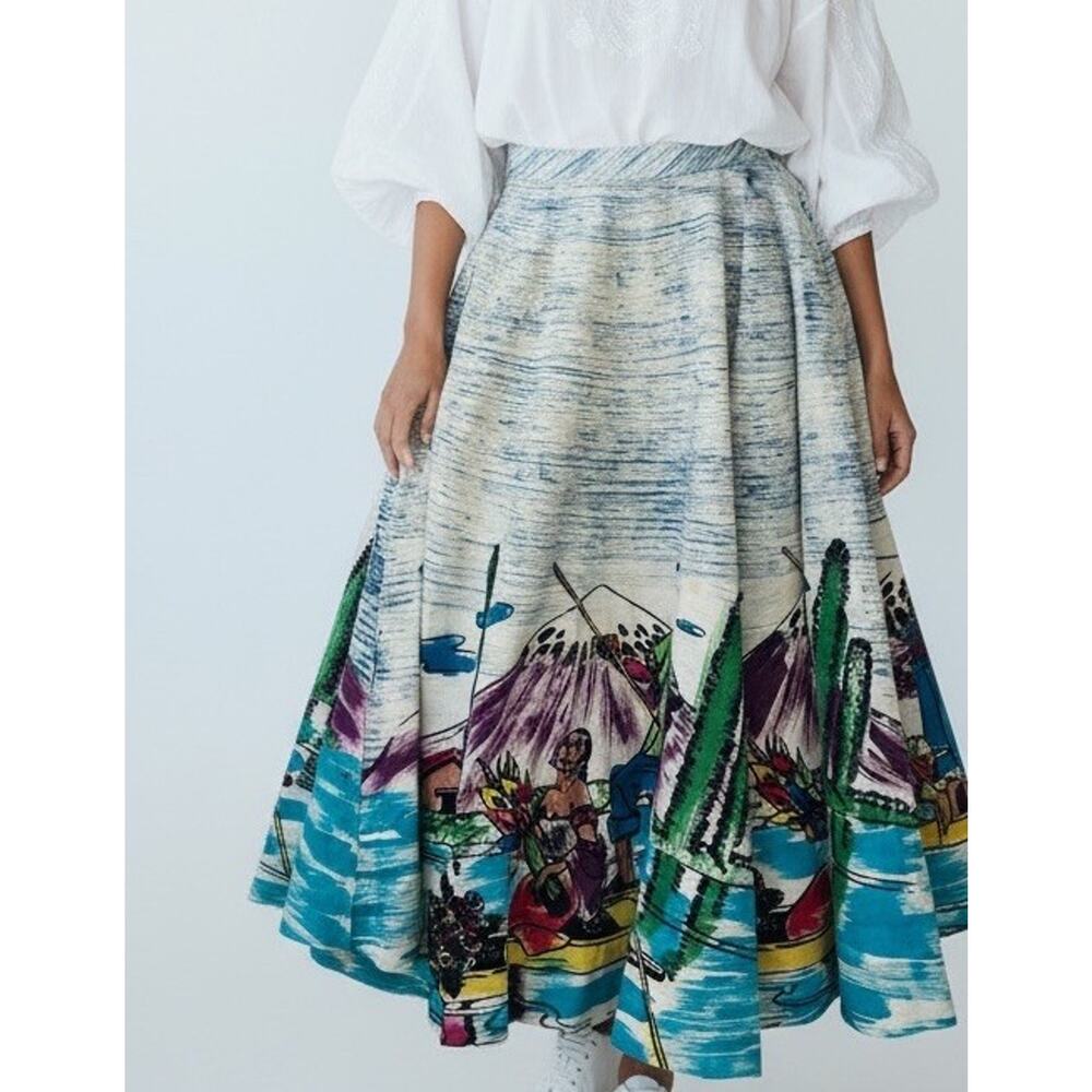 Vtg 50s Mexico Hand Painted Skirt Mexican Tourist Circle Patio Skirt Sz One Size